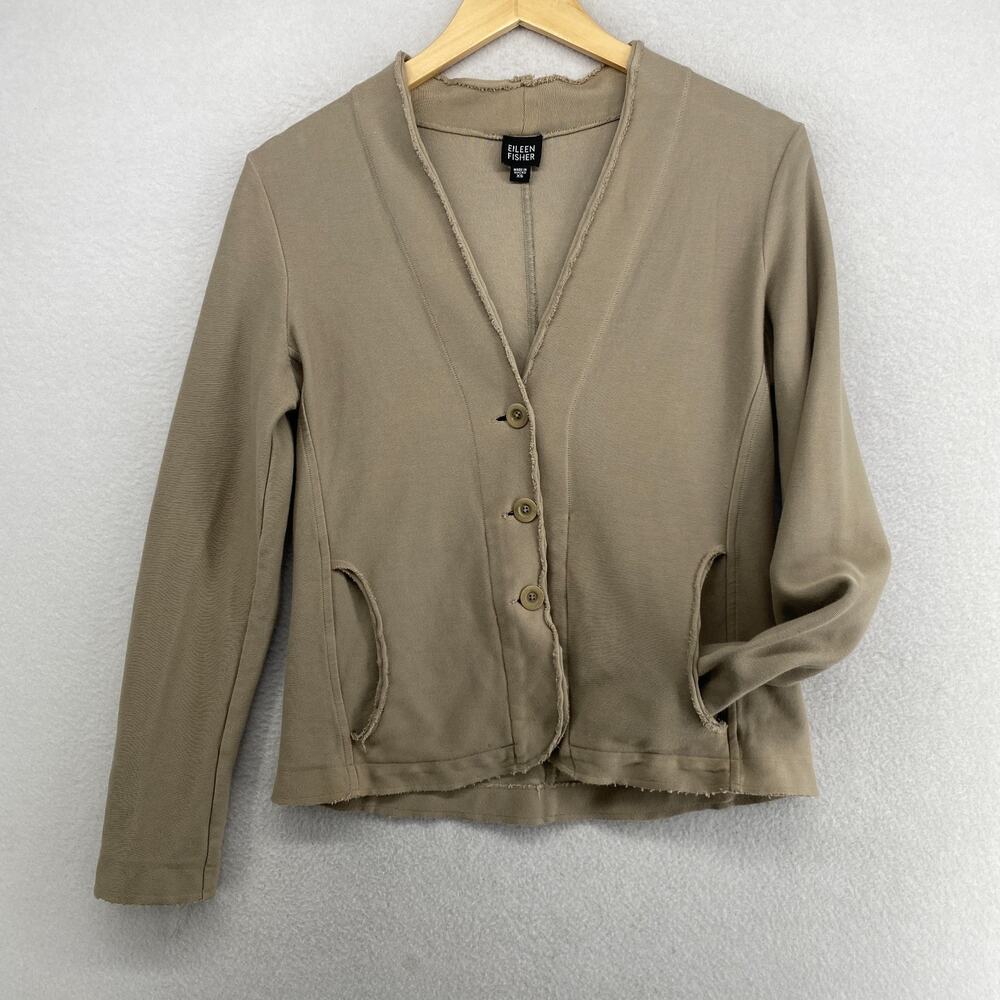 EILEEN FISHER Blazer XS Twill Cotton Suit Jacket Raw Trims Button Front Gray